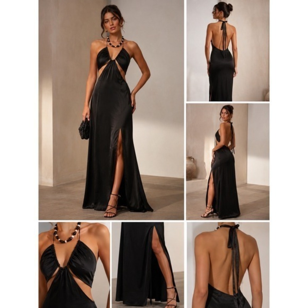 NWT In The Style Black Satin Halter Cutout Maxi Dress Open Back Size 6